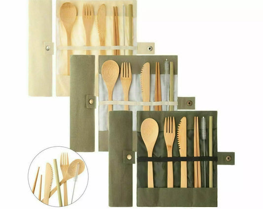 7PCS Reusable Bamboo Cutlery Set Eco Friendly Camping Travel Fork Kit Portable